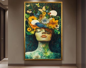 Surreal Woman Portrait With Bird And Flowers Wall Art, Nature Inspired Feminine Fantasy Painting For Whimsical And Boho Home Decor Woman Art