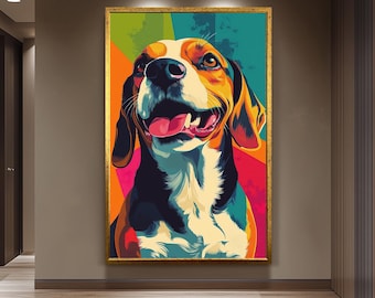 Colorful Pop Art Beagle Poster with Retro Background – Vibrant Happy Dog Canvas Print for Pet Lovers and Modern Wall Decor Doge Wall Decor