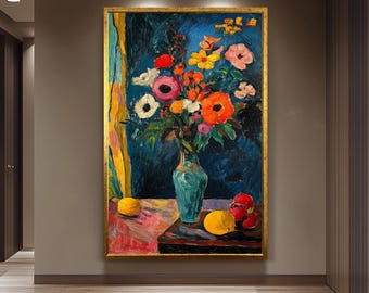 Henri Matisse Style Floral Still Life Wall Art Print, Colorful Vase with Flowers and Fruit Painting for Vintage Home Decor Color Floral Art