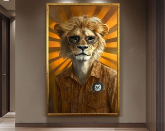 Retro Lion Portrait Canvas Wall Art Print – Vintage Style Animal Artwork for Living Room, Office or Man Cave Bold Safari Decor Gift Idea