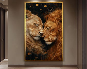 Lion and Lioness Love Wall Art Print, Romantic Wildlife Canvas Poster, Majestic Animal Couple Painting, African Safari Love Decor Lion Art