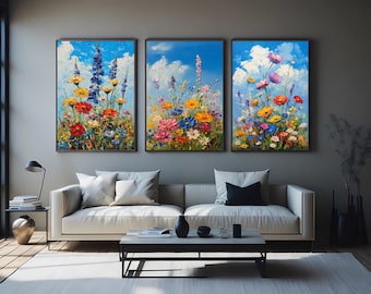 Impressionist Wildflower Garden Oil Painting Canvas  Textured Floral Wall Decor Colorful Nature Inspired Artwork for Modern Home Interiors