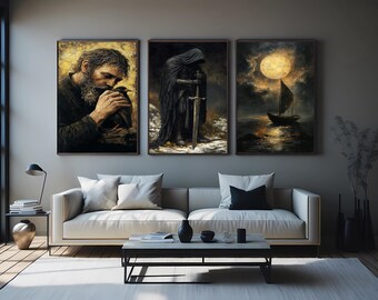 Dark Fantasy Wall Art Of 3 Prints With Hooded Knight Moonlit Boat And Bearded Man Holding Bird For Mythical Medieval Room Decor Color Canvas