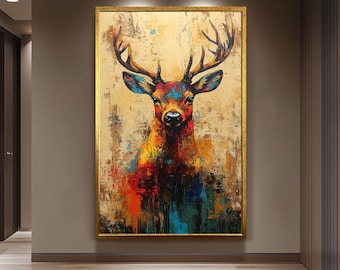 Colorful Pop Art Deer Painting  Wall Art – Abstract Animal Decor for Living Room, Cabin or Office Unique Gift for Wildlife and Art Lovers