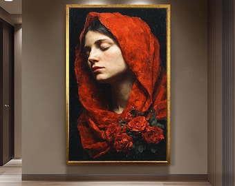 Mother Mary Roses Painting | Virgin Mary Wall Art with Red Veil and Floral Symbolism | Sacred Catholic Christian Home Decor Canvas