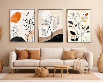 Minimalist Botanical Wall Art Set of 3 Abstract Plant Prints in Neutral Beige and Earth Tones for Modern Boho Living Room Decor Floral Print