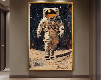 Astronaut Moon Landing Oil Painting Art Print, Sci-Fi Space Decor
