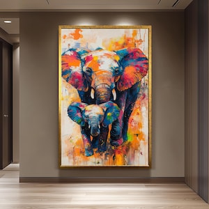 Colorful Elephant Family Pop Art Painting on Canvas, Vibrant Abstract Wildlife Wall Art for Modern Living Room or Nursery Decor Elephant Art