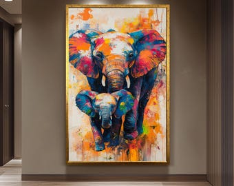Colorful Elephant Family Pop Art Painting on Canvas, Vibrant Abstract Wildlife Wall Art for Modern Living Room or Nursery Decor Elephant Art