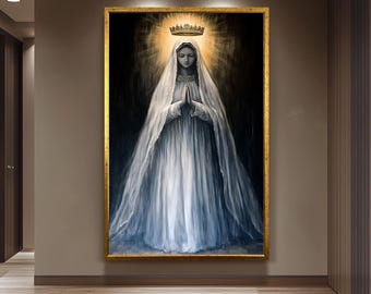 Crowned Virgin Mary Painting in Radiant Light and Flowing White Veil, Catholic Spiritual Canvas Art for Prayer Room or Sacred Home Decor