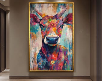 Colorful floral cow wall art print with surreal fantasy elements and vibrant paint splashes, whimsical farmhouse animal decor for home