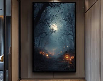 Haunted Forest Path With Glowing Jack-O'-Lanterns And Full Moon Canvas Wall Art For Spooky Halloween Interior Decoration  Living Room Canvas