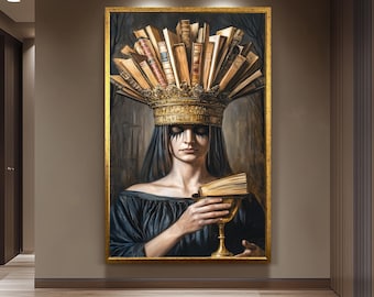 Surreal Portrait Wall Art of Mysterious Woman with Book Crown and Golden Chalice in Dark Academic Gothic Fantasy Aesthetic, Crown Woman Art
