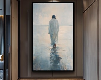Impressionist Jesus Wall Art Print Depicting Christ Walking on Water in Calm Blue Tones for Peaceful Christian Home Decor Jesus Wall Decor