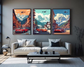 Vintage Red Sports Car And Helicopter Wall Art Set Of 3 Prints In Alpine Mountain Village Scene For Living Room Or Office Decor Vintage Car