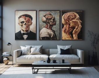 Gothic Anatomical Art Print Set, Skull and Spine Canvas Decor, Dark Medical Illustration Posters for Creepy Home, Office or Haunted Space