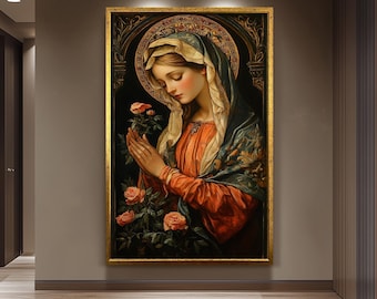 Renaissance Virgin Mary Painting with Roses and Golden Halo, Catholic Sacred Art Canvas Print for Religious Home or Prayer Room Decor