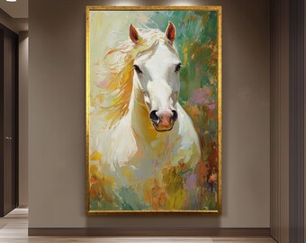 Majestic White Horse Oil Painting Wall Art with Colorful Abstract Brush Strokes for Rustic Farmhouse or Boho Animal Lovers Home Decor