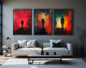 3 Piece Silhouette Wall Art Set, Dramatic Abstract Figures on Red Orange Black Background, Modern Canvas Prints for Home Decoration