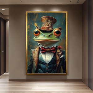 Frog Portrait Art: Whimsical Animal Painting in Vintage Suit