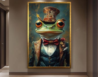 Whimsical Frog Portrait Wall Art in Vintage Suit and Top Hat | Surreal Animal Painting for Quirky Home Office Decor or Gift Frog Wall Art