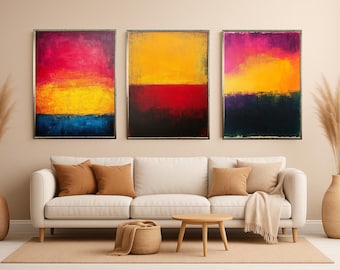 Color Field Abstract Wall Art Set of 3, Minimalist Modern Prints in Red Yellow Blue, Contemporary Rothko Inspired Canvas Decor Colorful Art