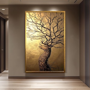 Majestic Golden Stag Painting, Tree Antlers Wall Art, Nature Inspired Canvas, Hand Painted Animal Artwork, Elegant Gold Home Decor Gift