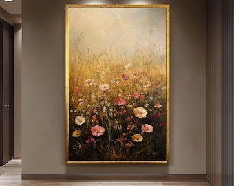 Wildflower Field Canvas Print Vintage Style, Modern Botanical Landscape Wall Art for Living Room or Bedroom, Nature Inspired Floral Decor