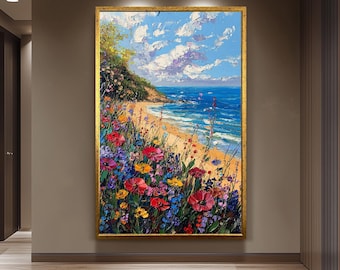 Coastal Wildflower Painting Textured Canvas, Modern Floral Landscape Wall Art for Living Room or Bedroom, Nature Inspired Home Decoration