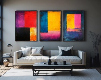 Abstract Color Block Canvas Print Set of 3, Modern Geometric Wall Art for Living Room Decor, Mid Century Minimalist Home Decoration