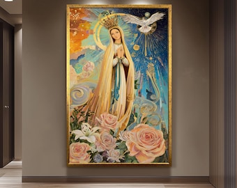 Our Lady of Grace with Crown and Dove | Vibrant Virgin Mary Painting with Roses and Lilies | Catholic Spiritual Canvas Wall Art Mother Mary