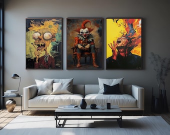 Creepy Circus Art Set: Horror Clown, Burning Head Surreal Prints