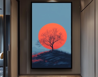 Minimalist Tree at Sunset Wall Art Red Sun Landscape Canvas Print, Bold Nature Wall Art, Red Sun Wall Art, Sun Painting, Tree Landscape Art