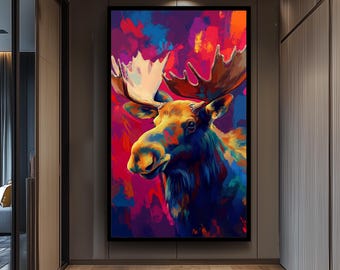 Colorful Abstract Moose Wall Art Print, Vibrant Wildlife Animal Canvas Poster in Bold Pop Art Style for Rustic Cabin or Modern Decor