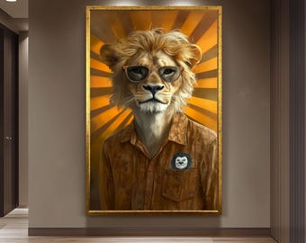 Cool Anthropomorphic Lion Wall Art Print, Retro Lion Portrait with Sunglasses and Floral Shirt, Whimsical Animal Art for Modern Decor