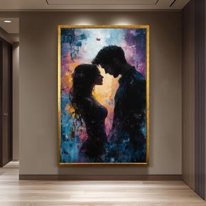 Romantic Couple Painting, Intimate Lovers Wall Art, Passionate Love Silhouette Print, Abstract Relationship Artwork, Modern Bedroom Decor