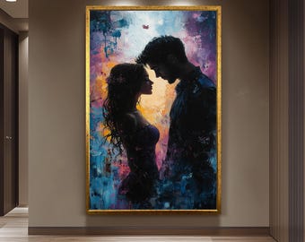 Romantic Couple Painting, Intimate Lovers Wall Art, Passionate Love Silhouette Print, Abstract Relationship Artwork, Modern Bedroom Decor