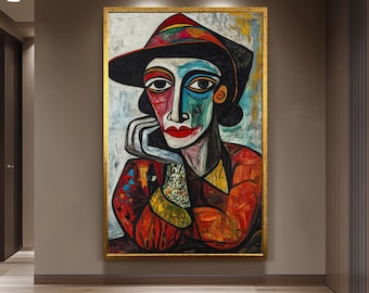 Cubist Woman Portrait in Red Hat Abstract Art Print, Colorful Picasso Style Painting on Canvas for Modern Gallery Wall Decor, Woman Wall Art