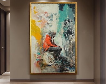 Emotional Urban Wall Art of a Lonely Person in Red Jacket Sitting Among Abstract Textures and Colors Street Style Canvas Painting Print