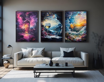 Abstract Wine Art Prints Set: Vineyard, Sunset, Cosmic Bottle