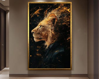 Surreal Lion Portrait Wall Art Print  Majestic Animal in Abstract Splatter Style – Regal Wildlife Painting for Bold Modern Decor Lion Canvas