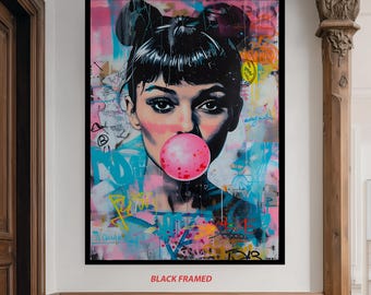 Urban Street Art Canvas of Woman Blowing Pink Bubblegum with Graffiti and Neon Colors for Modern Pop Art and Bold Wall Decor Woman Canvas