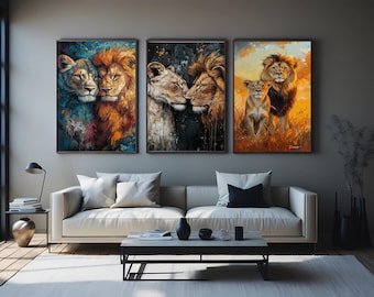 Lion Couple Wall Art Set of 3 – Romantic Abstract and Realistic Lion and Lioness Paintings for Bold and Emotional Home Decor Lion Wall Art
