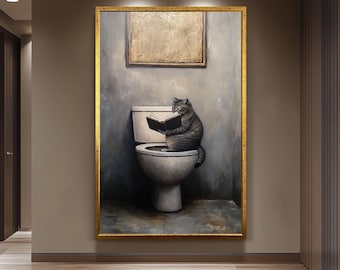 Funny Cat Bathroom Wall Art, Gray Tabby Reading Painting, Quirky Toilet Humor Canvas Print, Whimsical Feline Decor, Unique Restroom Artwork