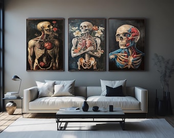 Anatomical Skeleton Wall Art Set of 3 Prints, Gothic Surreal Human Body Art with Flowers Organs and Skull for Dark Aesthetic Decor Man Art