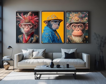 Funky Monkey Wall Art Set of 3 – Stylish Monkey Portraits in Hats and Glasses with Bold Outfits and Colorful Backgrounds  Animal Wall Art