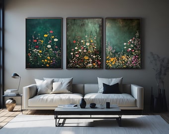 Wildflower Canvas Print Set Botanical, Modern Floral Landscape Wall Art for Living Room or Bedroom, Nature Inspired Garden Home Decoration