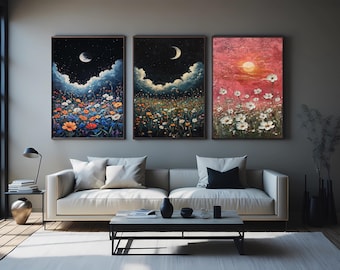 Whimsical Moonlit and Sunset Wildflower Field Wall Art Set of 3 – Floral Landscape Canvas Prints for Nature Inspired Home Decor Floral Print