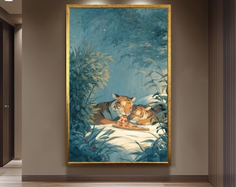 Whimsical Tiger Wall Art Cozy Jungle Bed Scene With Pizza Romantic Tigers Eating Under Moonlight Fantasy Animal Canvas Print  Tiger Wall Art