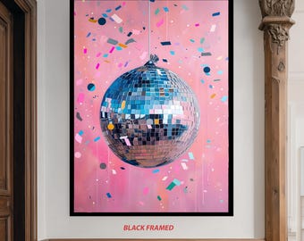 Large Shiny Disco Ball Wall Art on Pink Background with Colorful Confetti – Fun Retro Party Decor for Living Room or Dance Studio Pop  Art